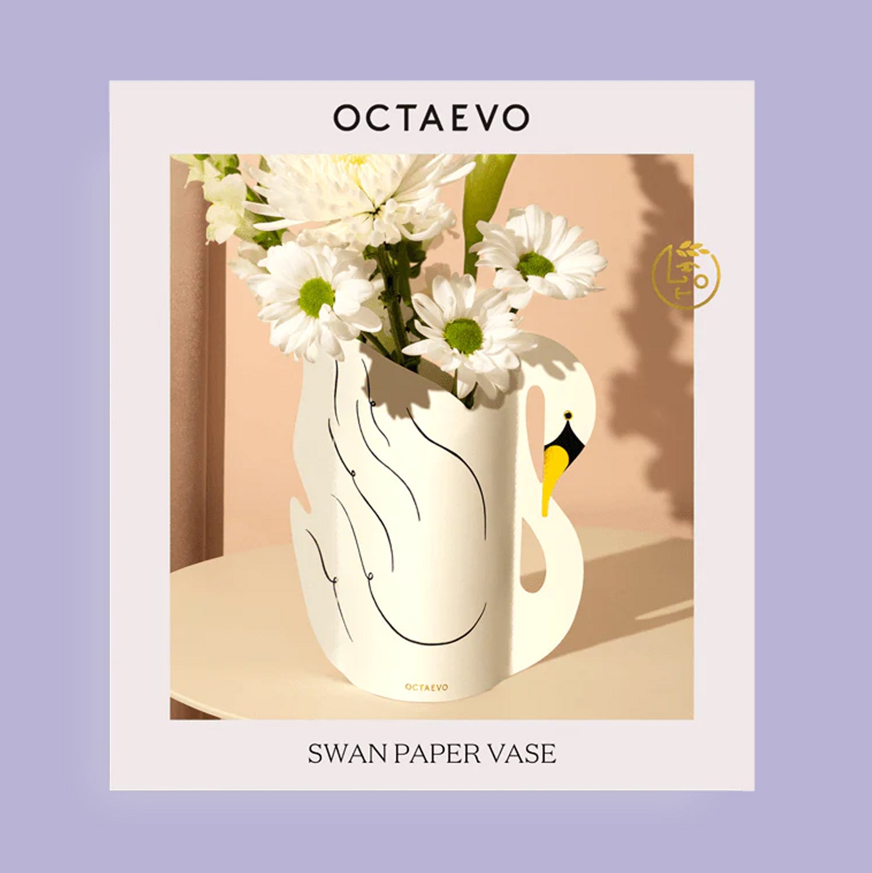 White swan paper vase with flowers on a light purple background, featuring the brand 'OCTAEVO'.
