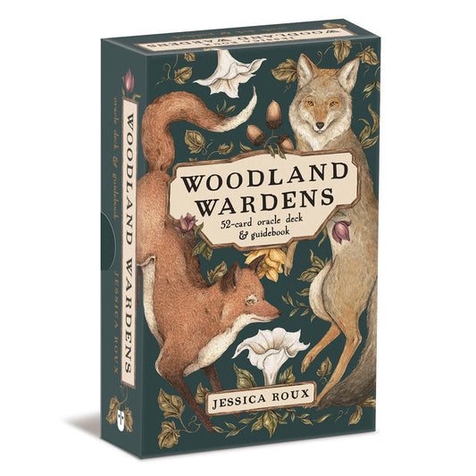 Woodland Wardens oracle deck packaging with foxes and floral design on a dark green background